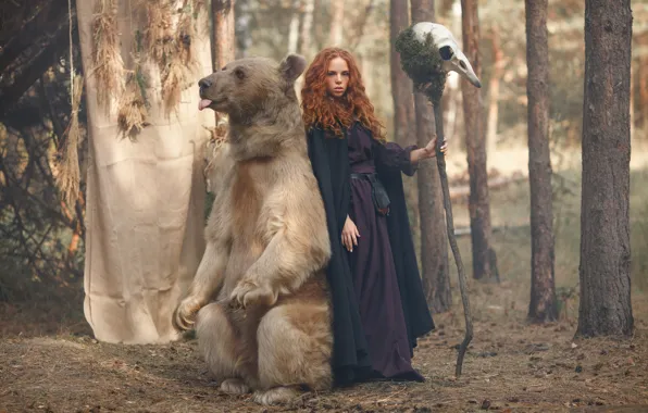 Лес, девушка, череп, медведь, посох, рыжая, ведьма, рыжеволосая