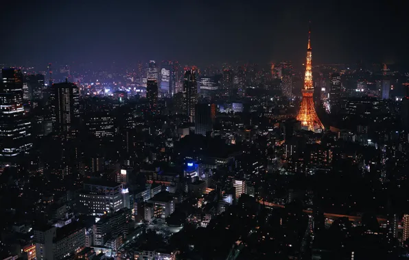Ночь, город, огни, япония, токио, небоскрёбы