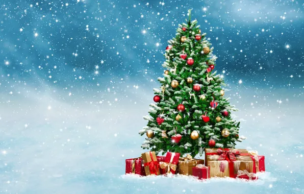 Картинка зима, снег, шары, игрушки, елка, Новый Год, Рождество, подарки