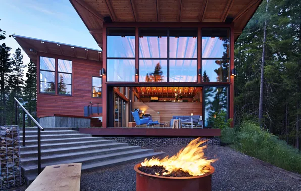 Дом, вечер, архитектура, фасад, очаг, экстерьер, кемп, Washington state