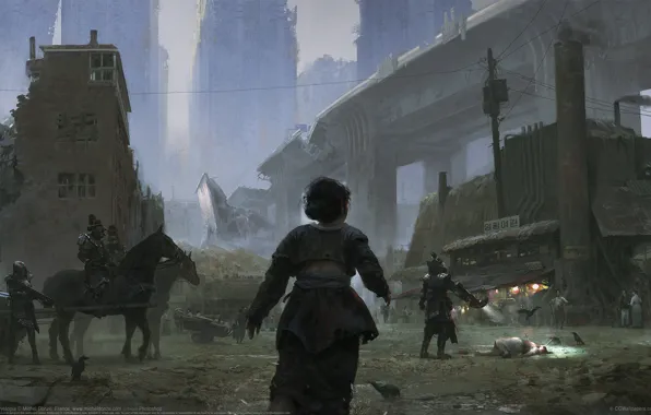 Здания, разрушения, эстакада, воины, Dystopia