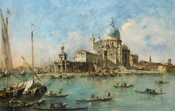 Город, лодка, картина, канал, Франческо Гварди, Пунта делла Догана в Венеции, Francesco Lazzaro Guardi