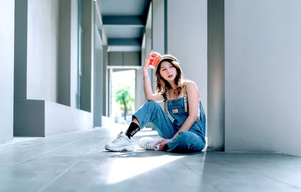 Girl, hat, model, cup, brunette, asian, sitting, necklace
