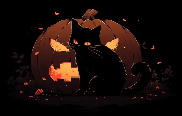 Картинка искры, halloween, светильник Джека, black cat, в темноте, черная кошка, тыква с глазами