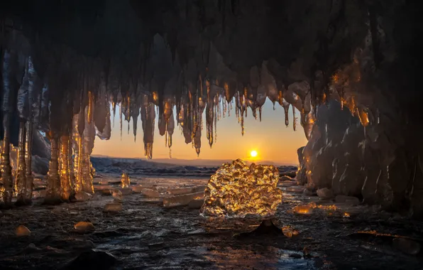 Картинка зима, вода, солнце, закат, природа, озеро, лёд, сосульки