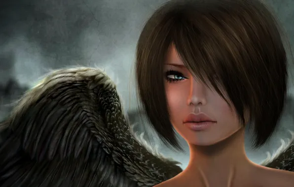 Картинка взгляд, девушка, лицо, рендеринг, крылья, ангел