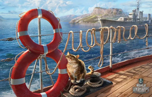 Картинка море, кот, корабли, веревка, палуба, 8 марта, поздравление, спасательные круги