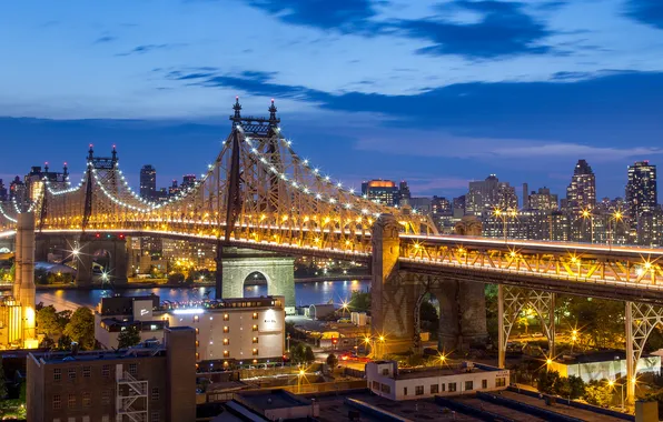 Картинка Нью-Йорк, ночной город, Manhattan, NYC, New York City, Queensboro Bridge, Мост Куинсборо, Мост 59-й улицы