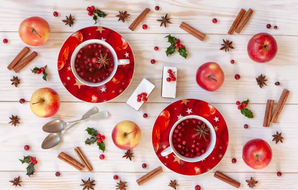 Картинка ягоды, яблоки, Рождество, фрукты, корица, Christmas, winter, cup