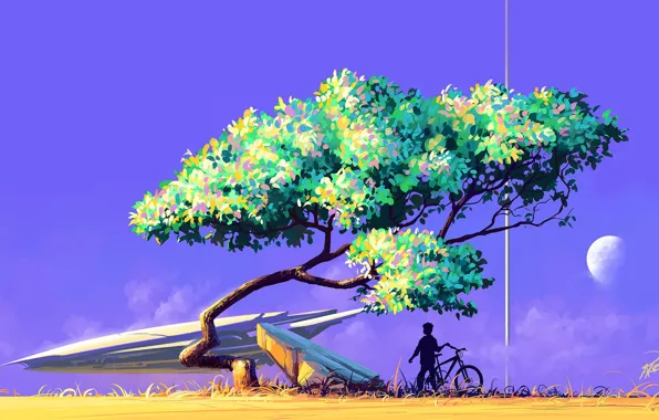 Дерево, Мальчик, Корабль, Силуэт, Sky, Арт, Art, Фантастика