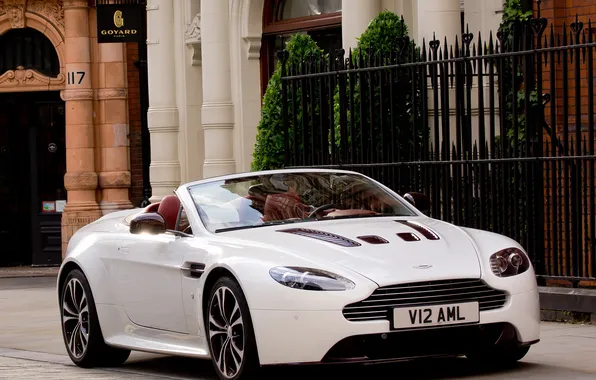 Картинка белый, Aston Martin, фары, Roadster, Vantage, V12, передок