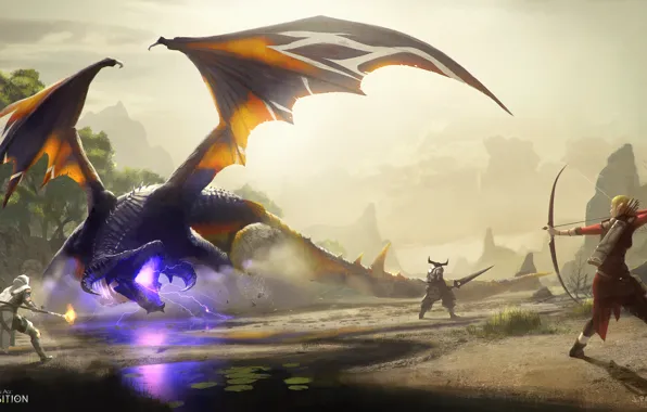 Картинка дракон, воин, лучница, маг, битва, Dragon Age: Inquisition, Gamoran Stormrider, кунари