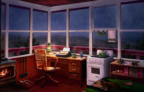 Kitchen, cabin, heater, oven, writing desk