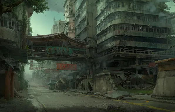 Картинка руины, постапокалиптика, Hong Kong, разрушенный город, в темноте, безлюдный город, postapocalyptic, заброшенная зона