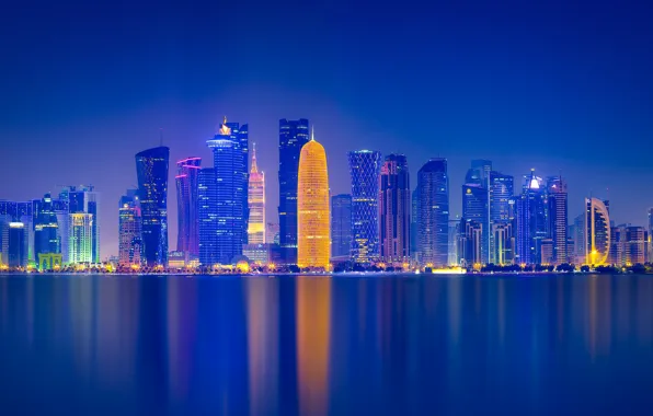 City, lights, night, skyscrapers, Qatar, Doha, Michael Zheng