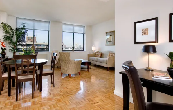 Интерьер, мегаполис, гостиная, столовая, West-54th apartment, living and dining room