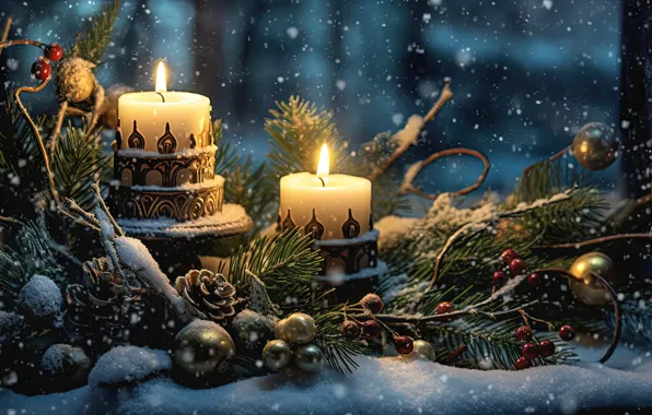 Зима, снег, украшения, ночь, ягоды, свечи, Новый Год, Рождество