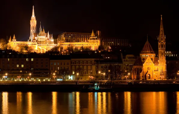Ночь, огни, река, дома, церковь, Венгрия, Будапешт, Дунай