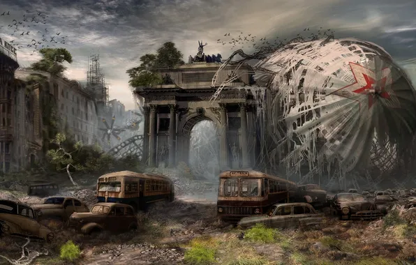 Картинка машины, апокалипсис, Москва, автобусы, New Union, Новый Союз