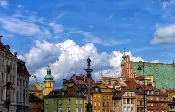 Картинка крыша, небо, облака, краски, дома, Польша, Варшава, старый город