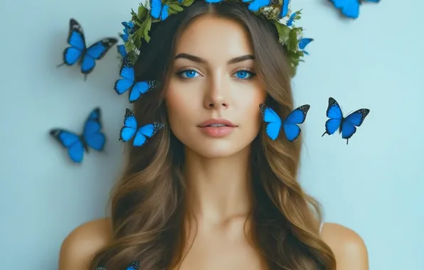 Взгляд, девушка, бабочки, голубые глаза, венок, cгенерировано ИИ