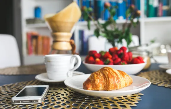 Кофе, еда, завтрак, клубника, круасан, good morning