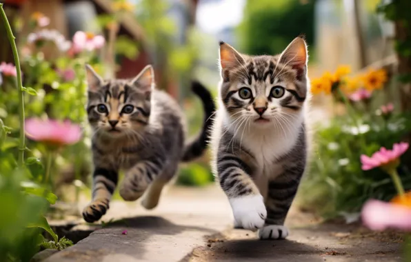 Кошка, лето, взгляд, кошки, цветы, природа, поза, котенок