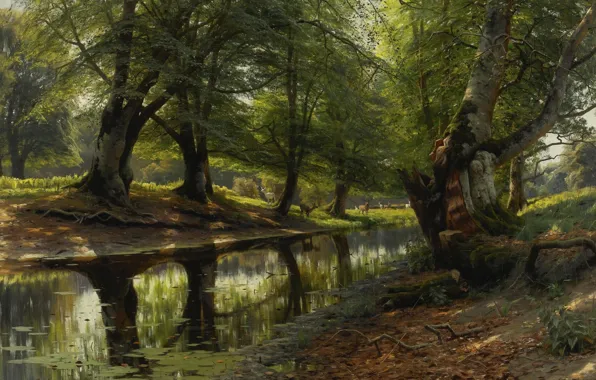 Картинка деревья, пейзаж, природа, картина, Петер Мёрк Мёнстед, Peder Mørk Mønsted, Ручей в Долине. Олени на …