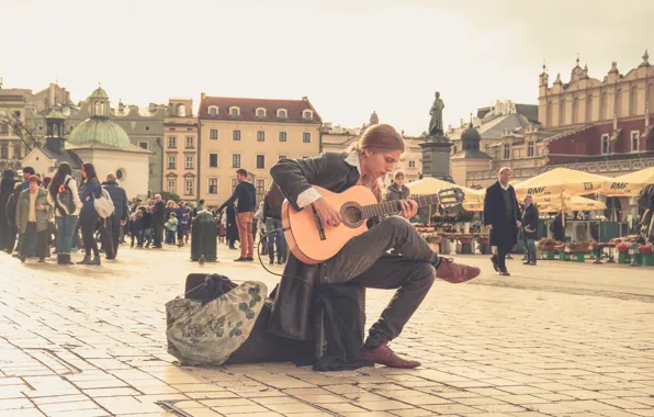 Дома, Люди, Польша, Парень, Музыкант, Poland, Old Town, Краков