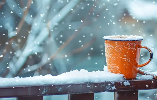 Зима, снег, кофе, кружка, winter, snow, morning, cup