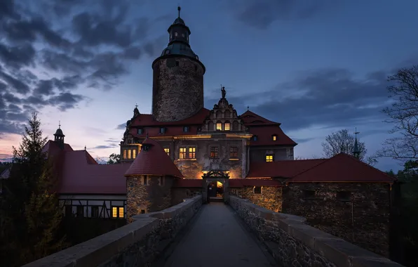 Ночь, замок, освещение, Польша, архитектура, Czocha castle, замок Чоха