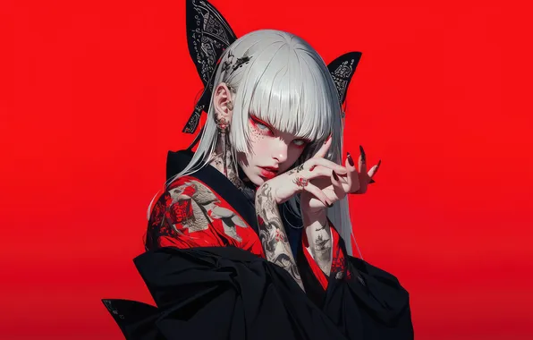 Girl, Beautiful, Anime, Tattoo, Kimono, Red Background, Anime Girl, Ai Art