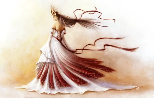 Картинка девушка, ленты, фон, ветер, корона, платье, арт