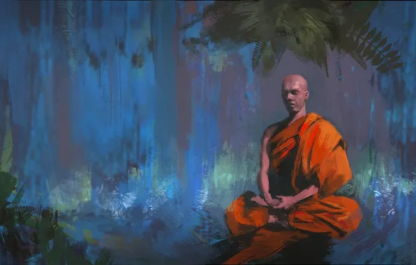 Картинка лес, листья, деревья, человек, медитация, арт, поза лотоса