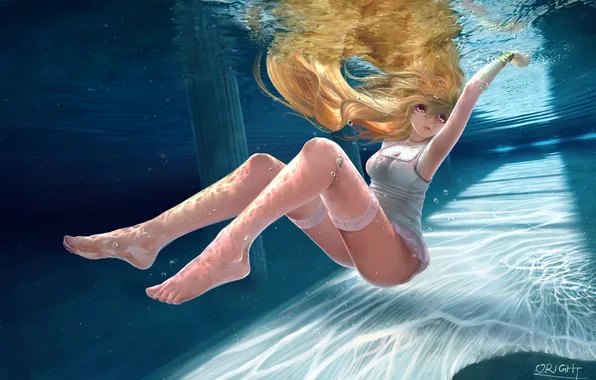 Девушка, чулки, аниме, арт, колонны, под водой, oright