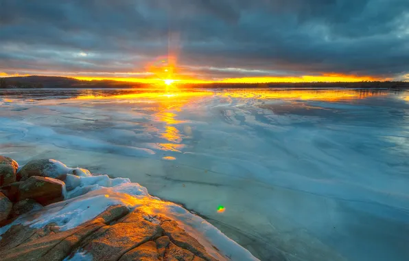 Картинка лед, зима, солнце, лучи, снег, озеро