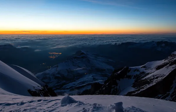 Картинка снег, горы, огни, Швейцария, долина, горизонт, зарево, Бернские Альпы
