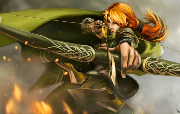 Зеленый, огонь, лук, рыжий, стрельба, плащ, Dota 2, windranger