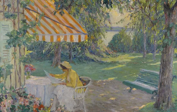 Картинка девушка, картина, скамья, Эдуард Какуел, Edward Cucuel, Лето на Озере Штарнберг