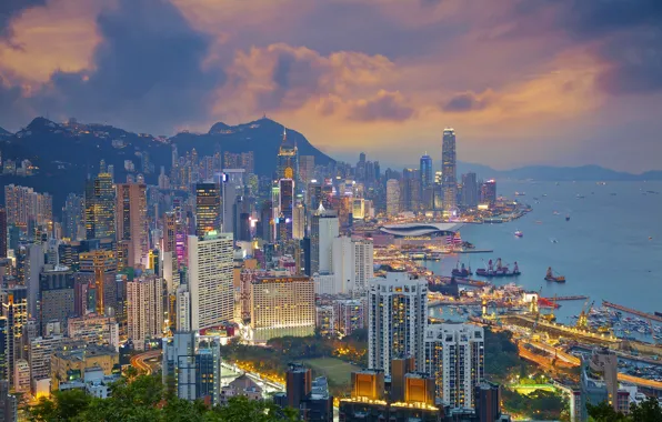 Море, побережье, China, здания, Гонконг, порт, панорама, Китай