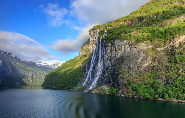 Горы, водопад, норвегия, фьорд