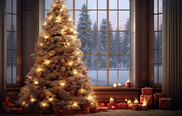 Зима, снег, украшения, комната, шары, елка, интерьер, Новый Год