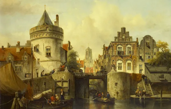 Масло, картина, холст, 1839, Вид на Kolksluis в Амстердаме, Salomon Leonardus Verveer, Саломон Леонардус Вервир