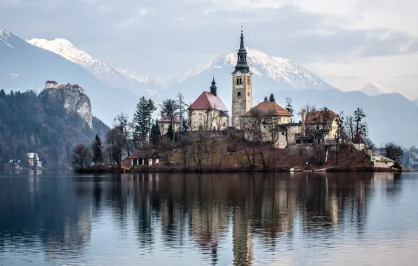 Картинка горы, озеро, остров, дома, церковь, Словения, Блед