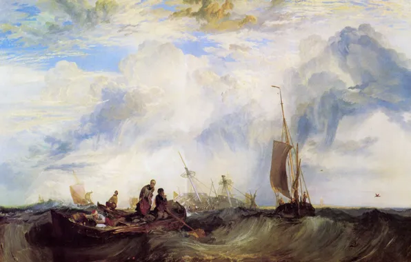 Картинка море, волны, люди, лодка, корабль, картина, парус, морской пейзаж