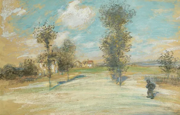 Картина, Jean-Francois Raffaelli, Жан-Франсуа Рафаэлли, Пейзаж с Крестьянином на Дороге