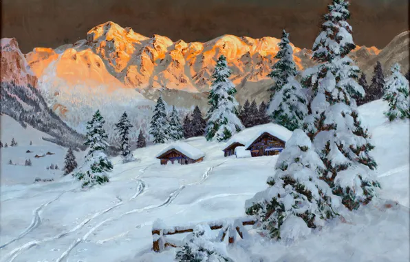 Дома, Зима, Горы, Деревья, Снег, Картина, Alois Arnegger, Алоис Арнеггер