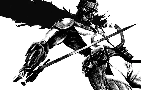 Картинка стиль, фантастика, меч, воин, маска, противогаз, шлем, броня