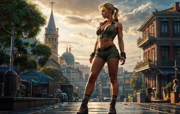 Девушка, улица, Cammy, Street Fighter, изображение сгенерировано ИИ