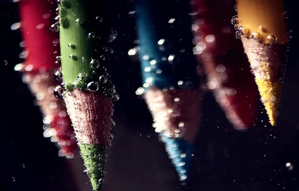 Вода, макро, пузырьки, пузыри, карандаши, под водой, colours, under water